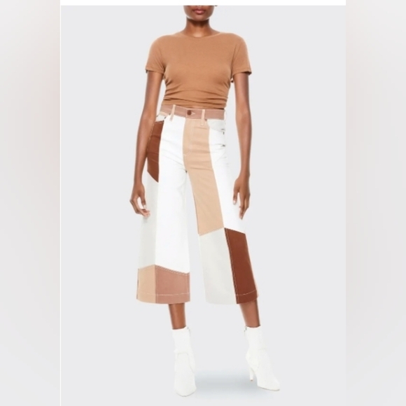 Alice + Olivia Denim - Alice + Olivia White, Tan & Brown Patchwork Wide-Leg Cropped Jeans
